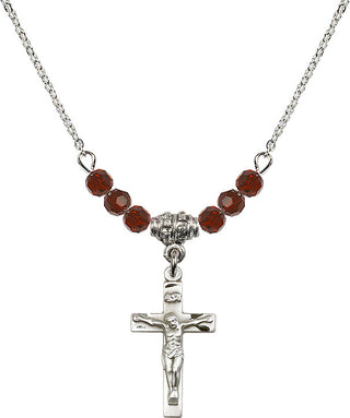 18" Rhodium Plated Necklace with 4mm Garnet Crystal Beads featuring a Sterling Silver Crucifix Medal.