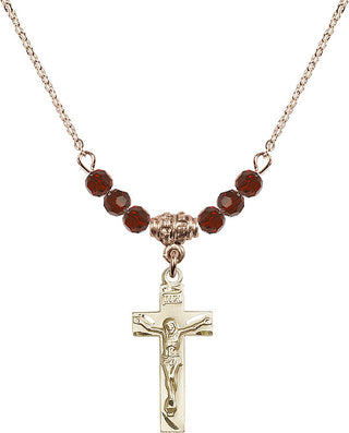 18" Hamilton Gold Plated Necklace with 4mm Garnet Crystal Beads featuring a 14kt Gold Filled Crucifix Medal.