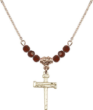 18" Hamilton Gold Plated Necklace with 4mm Garnet Crystal Beads featuring a 14kt Gold Filled Nail Cross Medal.