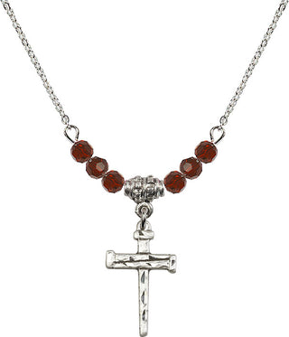 18" Rhodium Plated Necklace with 4mm Garnet Crystal Beads featuring a Sterling Silver Nail Cross Medal.