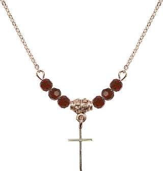 18" Hamilton Gold Plated Necklace with 4mm Garnet Crystal Beads featuring a 14kt Gold Filled Cross Medal.
