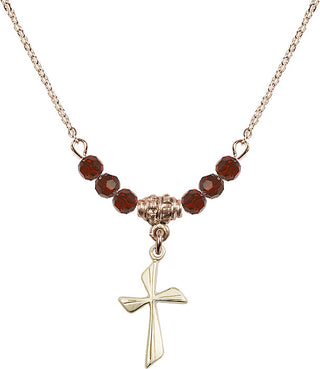 18" Hamilton Gold Plated Necklace with 4mm Garnet Crystal Beads featuring a 14kt Gold Filled Cross Medal.