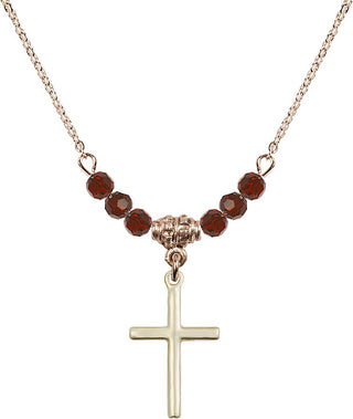 18" Hamilton Gold Plated Necklace with 4mm Garnet Crystal Beads featuring a 14kt Gold Filled Cross Medal.