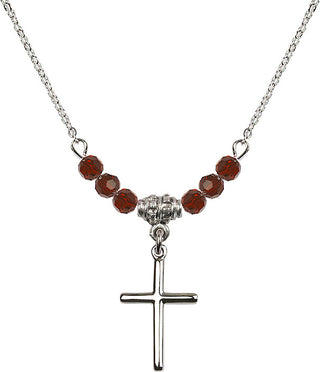 18" Rhodium Plated Necklace with 4mm Garnet Crystal Beads featuring a Sterling Silver Cross Medal.