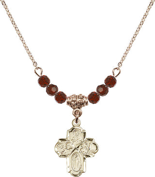 18" Hamilton Gold Plated Necklace with 4mm Garnet Crystal Beads featuring a 14kt Gold Filled 4-Way Medal.