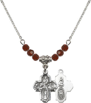 18" Rhodium Plated Necklace with 4mm Garnet Crystal Beads featuring a Sterling Silver 4-Way Medal.