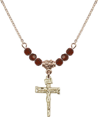 18" Hamilton Gold Plated Necklace with 4mm Garnet Crystal Beads featuring a 14kt Gold Filled Nail Crucifix Medal.