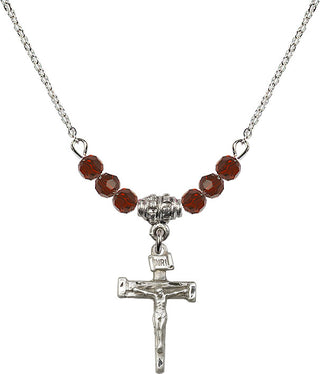 18" Rhodium Plated Necklace with 4mm Garnet Crystal Beads featuring a Sterling Silver Nail Crucifix Medal.