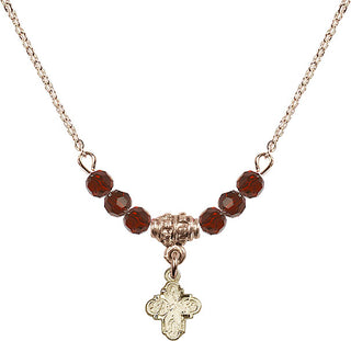 18" Hamilton Gold Plated Necklace with 4mm Garnet Crystal Beads featuring a 14kt Gold Filled 4-Way Medal.