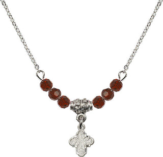 18" Rhodium Plated Necklace with 4mm Garnet Crystal Beads featuring a Sterling Silver 4-Way Medal.