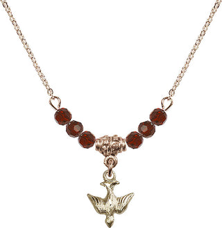18" Hamilton Gold Plated Necklace with 4mm Garnet Crystal Beads featuring a 14kt Gold Filled Holy Spirit Medal.