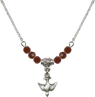 18" Rhodium Plated Necklace with 4mm Garnet Crystal Beads featuring a Sterling Silver Holy Spirit Medal.