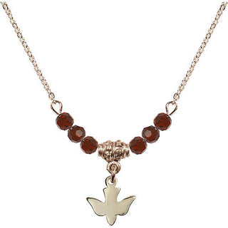 18" Hamilton Gold Plated Necklace with 4mm Garnet Crystal Beads featuring a 14kt Gold Filled Holy Spirit Medal.