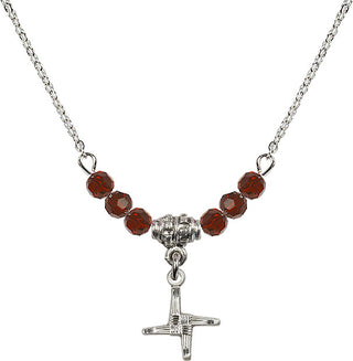 18" Rhodium Plated Necklace with 4mm Garnet Crystal Beads featuring a Sterling Silver Saint Brigid Cross Medal.