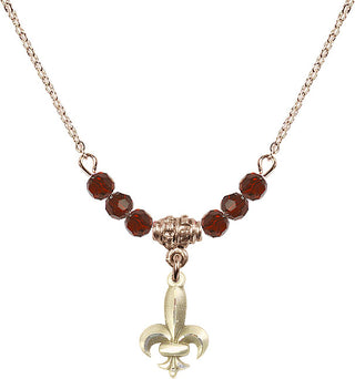 18" Hamilton Gold Plated Necklace with 4mm Garnet Crystal Beads featuring a 14kt Gold Filled Fleur de Lis Medal.