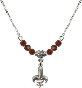 18" Rhodium Plated Necklace with 4mm Garnet Crystal Beads featuring a Sterling Silver Fleur de Lis Medal.