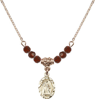 18" Hamilton Gold Plated Necklace with 4mm Garnet Crystal Beads featuring a 14kt Gold Filled Saint Ann Medal.