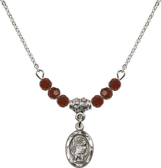 18" Rhodium Plated Necklace with 4mm Garnet Crystal Beads featuring a Sterling Silver Saint Christopher Medal.