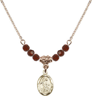 18" Hamilton Gold Plated Necklace with 4mm Garnet Crystal Beads featuring a 14kt Gold Filled Guardian Angel Medal.