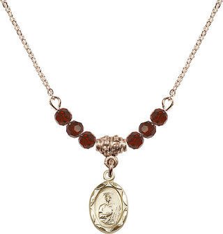 18" Hamilton Gold Plated Necklace with 4mm Garnet Crystal Beads featuring a 14kt Gold Filled Saint Jude Medal.