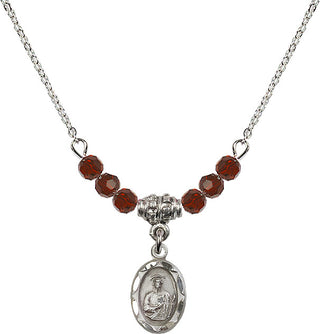 18" Rhodium Plated Necklace with 4mm Garnet Crystal Beads featuring a Sterling Silver Saint Jude Medal.
