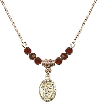 18" Hamilton Gold Plated Necklace with 4mm Garnet Crystal Beads featuring a 14kt Gold Filled Saint Michael the Archangel Medal.