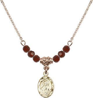 18" Hamilton Gold Plated Necklace with 4mm Garnet Crystal Beads featuring a 14kt Gold Filled Scapular Medal.