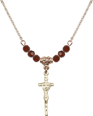 18" Hamilton Gold Plated Necklace with 4mm Garnet Crystal Beads featuring a 14kt Gold Filled Papal Crucifix Medal.