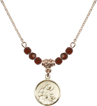 18" Hamilton Gold Plated Necklace with 4mm Garnet Crystal Beads featuring a 14kt Gold Filled Saint Ann Medal. Engraved Catholic Saint Jewelry