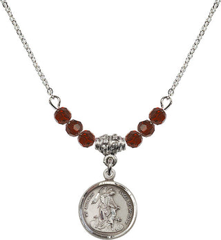 18" Rhodium Plated Necklace with 4mm Garnet Crystal Beads featuring a Sterling Silver Guardian Angel Medal. Engraved Catholic Saint Jewelry