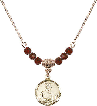 18" Hamilton Gold Plated Necklace with 4mm Garnet Crystal Beads featuring a 14kt Gold Filled Saint Jude Medal. Engraved Catholic Saint Jewelry