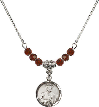 18" Rhodium Plated Necklace with 4mm Garnet Crystal Beads featuring a Sterling Silver Saint Jude Medal. Engraved Catholic Saint Jewelry