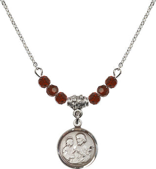 18" Rhodium Plated Necklace with 4mm Garnet Crystal Beads featuring a Sterling Silver Saint Joseph Medal. Engraved Catholic Saint Jewelry
