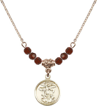 18" Hamilton Gold Plated Necklace with 4mm Garnet Crystal Beads featuring a 14kt Gold Filled Saint Michael the Archangel Medal.