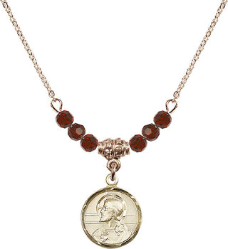 18" Hamilton Gold Plated Necklace with 4mm Garnet Crystal Beads featuring a 14kt Gold Filled Scapular Medal.