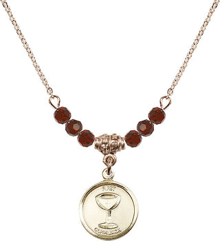 18" Hamilton Gold Plated Necklace with 4mm Garnet Crystal Beads featuring a 14kt Gold Filled Communion Medal. Engraved Catholic Saint Jewelry