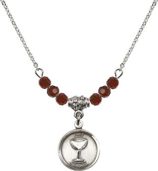 18" Rhodium Plated Necklace with 4mm Garnet Crystal Beads featuring a Sterling Silver Communion Medal. Engraved Catholic Saint Jewelry
