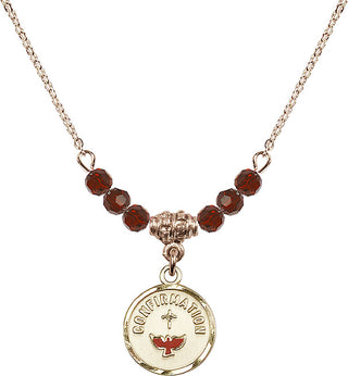18" Hamilton Gold Plated Necklace with 4mm Garnet Crystal Beads featuring a 14kt Gold Filled Confirmation Medal. Engraved Catholic Saint Jewelry