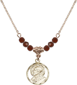 18" Hamilton Gold Plated Necklace with 4mm Garnet Crystal Beads featuring a 14kt Gold Filled Scapular Medal.