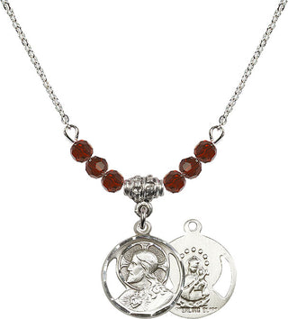 18" Rhodium Plated Necklace with 4mm Garnet Crystal Beads featuring a Sterling Silver Scapular Medal.