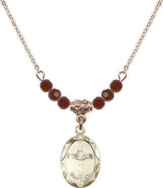 18" Hamilton Gold Plated Necklace with 4mm Garnet Crystal Beads featuring a 14kt Gold Filled Baptism Medal. Engraved Catholic Saint Jewelry