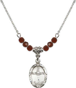18" Rhodium Plated Necklace with 4mm Garnet Crystal Beads featuring a Sterling Silver Baptism Medal. Engraved Catholic Saint Jewelry