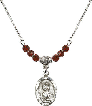 18" Rhodium Plated Necklace with 4mm Garnet Crystal Beads featuring a Sterling Silver Saint Christopher Medal. Engraved Catholic Saint Jewelry