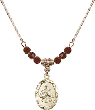 18" Hamilton Gold Plated Necklace with 4mm Garnet Crystal Beads featuring a 14kt Gold Filled Saint Gerard Medal. Engraved Catholic Saint Jewelry