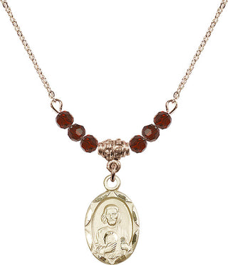 18" Hamilton Gold Plated Necklace with 4mm Garnet Crystal Beads featuring a 14kt Gold Filled Saint Jude Medal. Engraved Catholic Saint Jewelry