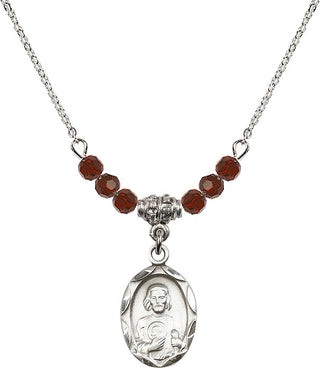 18" Rhodium Plated Necklace with 4mm Garnet Crystal Beads featuring a Sterling Silver Saint Jude Medal. Engraved Catholic Saint Jewelry