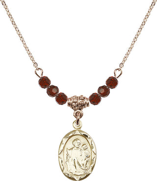 18" Hamilton Gold Plated Necklace with 4mm Garnet Crystal Beads featuring a 14kt Gold Filled Saint Joseph Medal. Engraved Catholic Saint Jewelry