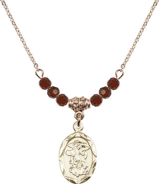18" Hamilton Gold Plated Necklace with 4mm Garnet Crystal Beads featuring a 14kt Gold Filled Saint Michael the Archangel Medal.