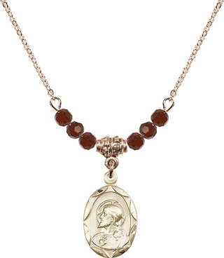 18" Hamilton Gold Plated Necklace with 4mm Garnet Crystal Beads featuring a 14kt Gold Filled Scapular Medal.