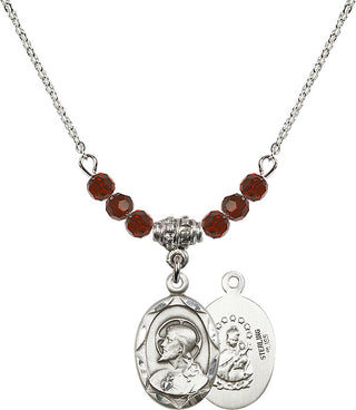 18" Rhodium Plated Necklace with 4mm Garnet Crystal Beads featuring a Sterling Silver Scapular Medal.